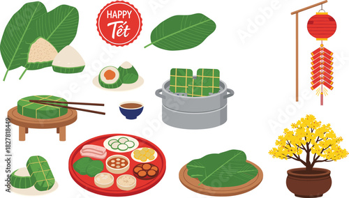 Vietnamese Lunar New Year Tết Vector Illustration Set Featuring Traditional Food, Bánh Chưng, Banana Leaves, Apricot Blossom Tree, and Firecracker Decoration.