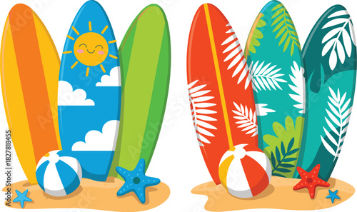 Colorful Surfboards on Sand Vector Illustration Set Featuring Sun, Clouds, Tropical Leaf Patterns, Beach Balls, and Starfish for Summer Vacation Themes.