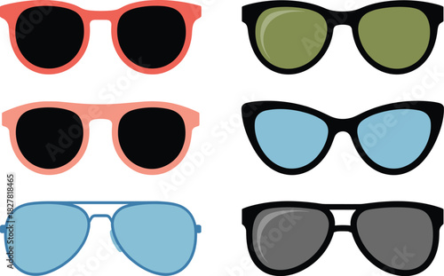 Classic Sunglasses Vector Illustration Set Featuring Wayfarer, Cat-Eye, and Aviator Styles with Colorful Frames for Fashion, Summer, and Eye Protection.