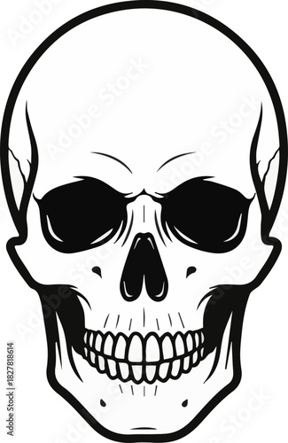 A stark black and white vector illustration of a human skull viewed from the front, featuring a bold outline and menacing expression suitable for various design projects