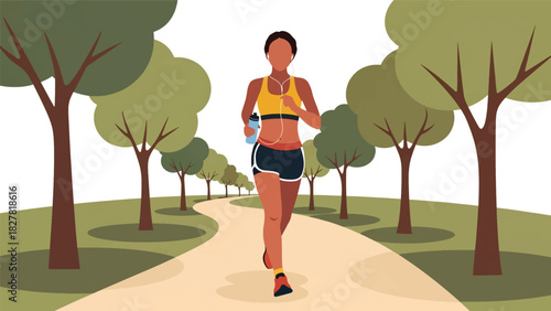 African woman jogging outdoors in park environment. Ideal for fitness, motivation, healthy living, and active lifestyle content