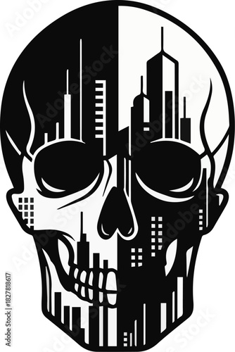 Stylized graphic illustration of a human skull seamlessly merging with a modern cityscape, a monochrome design symbolizing the duality of urban life, progress, and human mortality