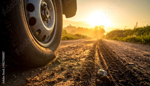 Wallpaper Mural Car wheel is parked on a dirt road bathed in sun. Landscape in the background Torontodigital.ca