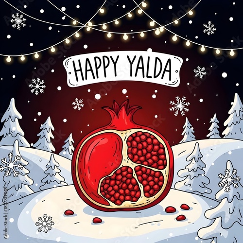 Happy Yalda greeting card with pomegranate, night sky snowy view