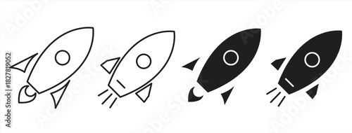 Set of flat and line icons of rocket launches and startups. Spaceship symbols. Vector illustrations.

