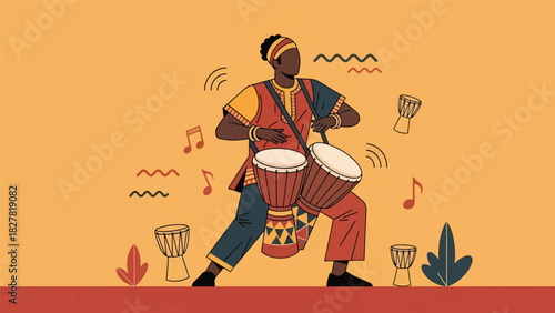 African musician playing traditional hand drums with rhythmic energy. Ideal for music culture, celebration, and artistic expression visuals