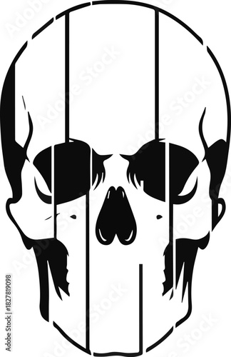 Abstract and stark monochrome illustration of a human skull, intricately designed with prominent vertical bars that symbolize confinement and the fragility of existence