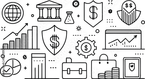 Modern finance and banking icon set featuring credit cards wallets savings charts and mobile security