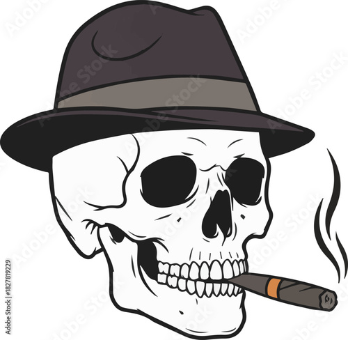 Stylized cartoon skull character with a cool fedora hat and a lit cigar, exhaling smoke, representing a retro or vintage aesthetic with an edgy design element, perfect for unique graphic projects