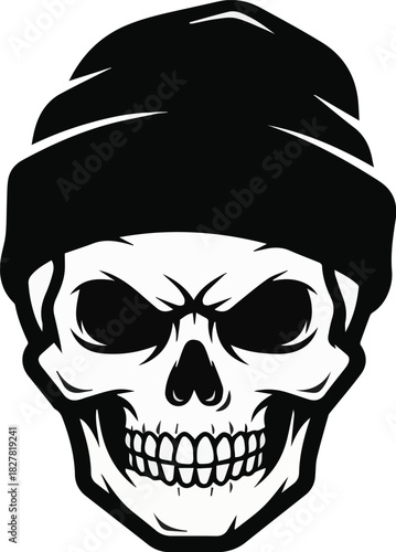 Bold graphic illustration of a stern skull wearing a modern beanie hat, designed with clean lines and high contrast, perfect for edgy and urban themes
