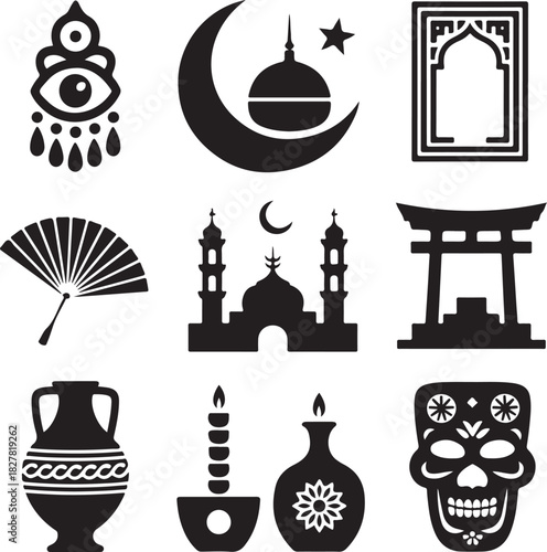 Collection of global cultural and religious symbols in bold black silhouette