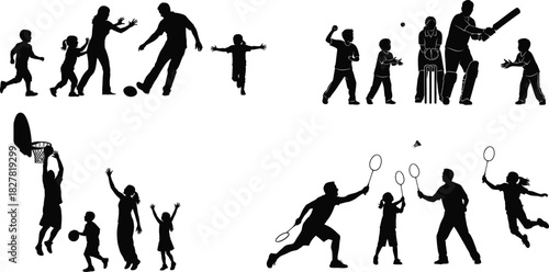 Silhouette of people playing various sports and activities