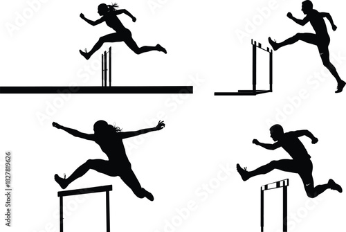 Silhouette of female athletes jumping over hurdles in competition