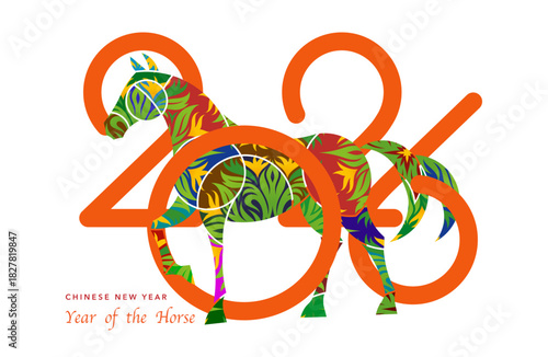 2026 Chinese New Year, white background. Year of the Horse. Vector modern art colorful floral decoration numbers design for cover, card, poster, banner, logo zodiac sign template