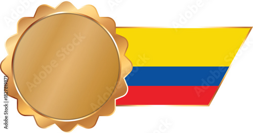 A shiny gold award seal featuring a circular metallic center with a flag of Colombia on ribbon with gold outline