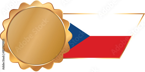 A shiny gold award seal featuring a circular metallic center with a flag of Czech Republic on ribbon with gold outline