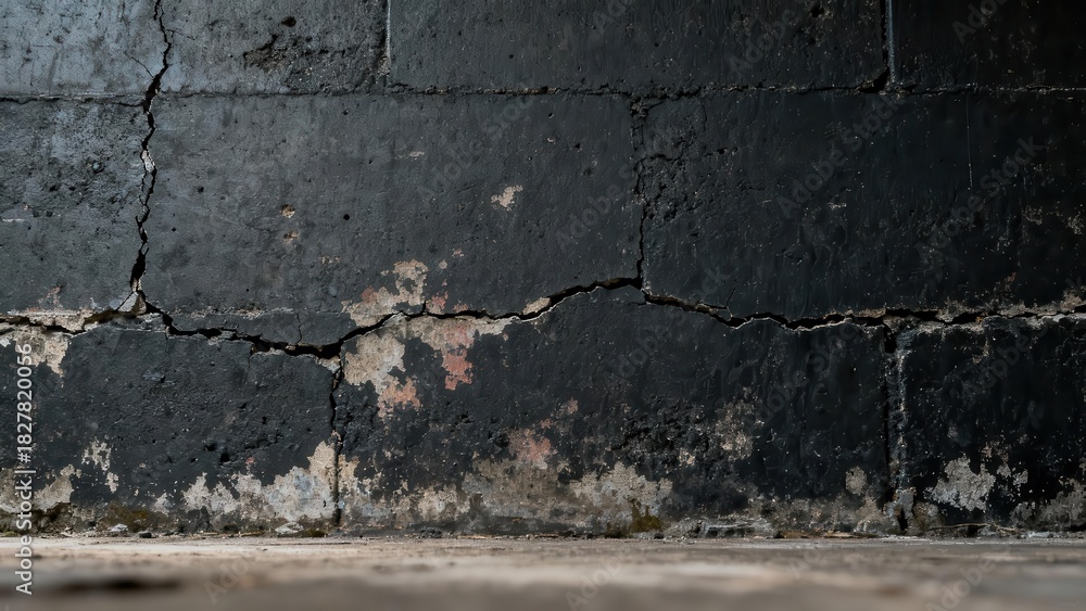 Fototapeta premium Deteriorated dark masonry wall shows prominent horizontal and vertical fissures near the floor
