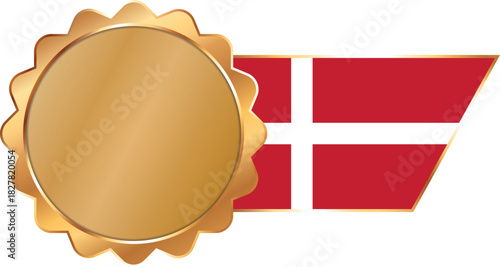 A shiny gold award seal featuring a circular metallic center with a flag of Denmark on ribbon with gold outline