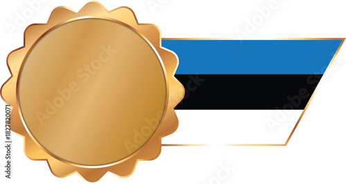 A shiny gold award seal featuring a circular metallic center with a flag of Estonia on ribbon with gold outline