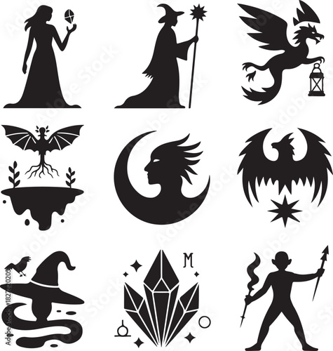 Collection of mystical and magical symbols in black and white style