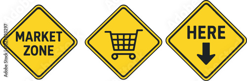 market zone shopping sign icons on yellow warning background