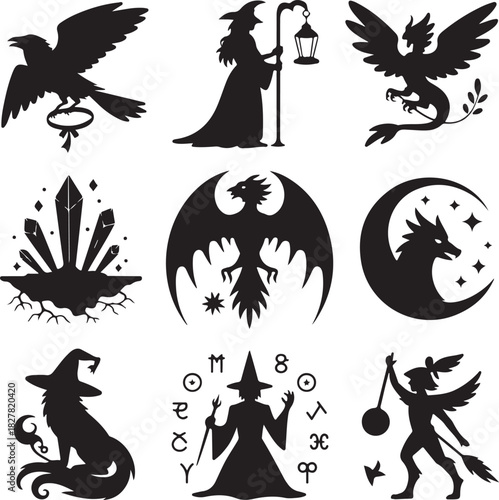 Collection of mystical creatures and magical symbols vector illustration set