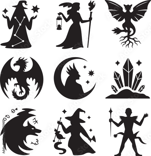 Collection of mystical silhouettes with wizards dragons and fantasy creatures