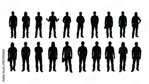 Collection of standing people silhouettes isolated on white background, Vector