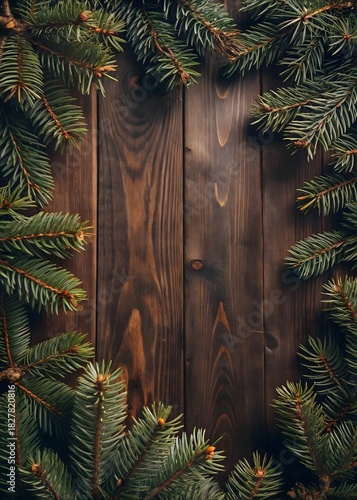 Festive pine branches with warm white lights frame a dark wooden surface — cozy, rustic, and perfect for holiday-themed backgrounds or seasonal designs.