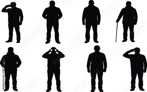 Set of eight diverse full body male silhouettes showing specific actions like talking on phone, using binoculars, saluting, and standing with a cane, isolated on white