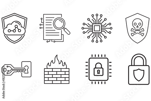 Cyber Security Icons Vector Set for Data Protection and Network Safety: Cloud Computing, Malware, Firewall, Encryption Key, Privacy Lock, and Digital Security Systems