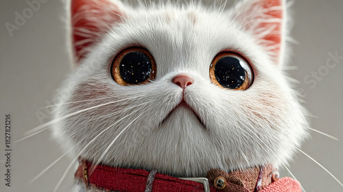 Cute white cat with large expressive eyes and soft fur in a calm indoor setting