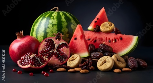 watermelon pomegranate, dried figs, dates and almond, Yalda night fruits, dark background