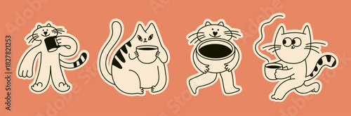 Vector logo and sticker design template, hand drawn doodle sketchy character and mascot, specialty coffee and cafe emblem, happy barista, latte, cappuccino, coffee cup mascot