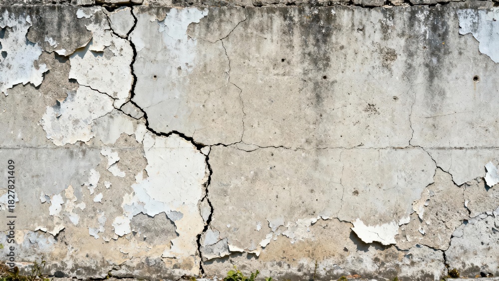 Obraz premium Weathered concrete surface displays significant structural damage and peeling finish
