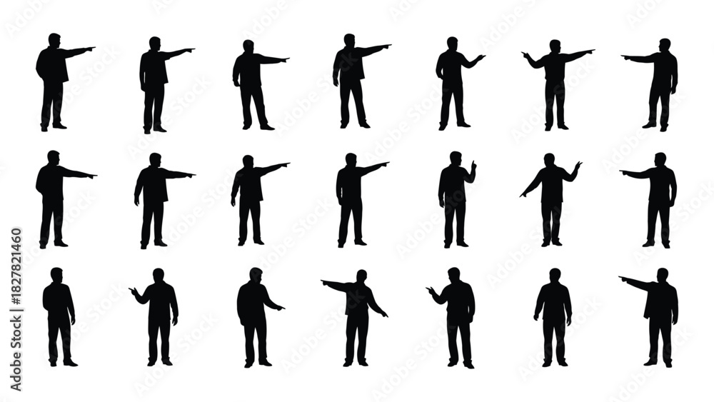 Fototapeta premium Diverse male silhouettes pointing and gesturing isolated on white background, Vector