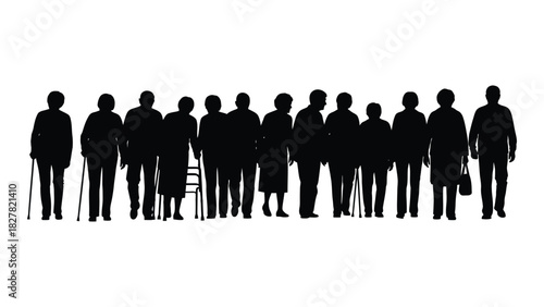 Silhouettes of diverse elderly people isolated on white background, Vector