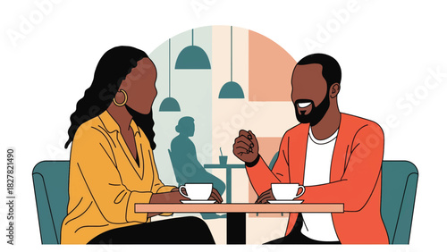 Two African friends sharing coffee and conversation at a café. Ideal for social connection, friendship, lifestyle, and modern culture themes