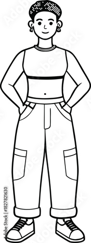 Outline illustration of a young person wearing trendy baggy jeans and a crop top