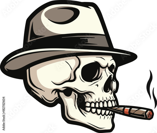 Cartoon illustration of a gangster skull mascot wearing a fedora hat and smoking a smoldering cigar, isolated on a white background