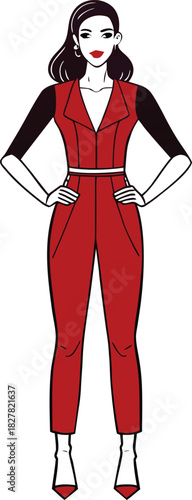 Stylish woman in a trendy fashion jumpsuit minimalist line art design
