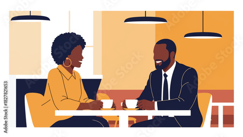 Two African friends sharing coffee and conversation at a café. Ideal for social connection, friendship, lifestyle, and modern culture themes