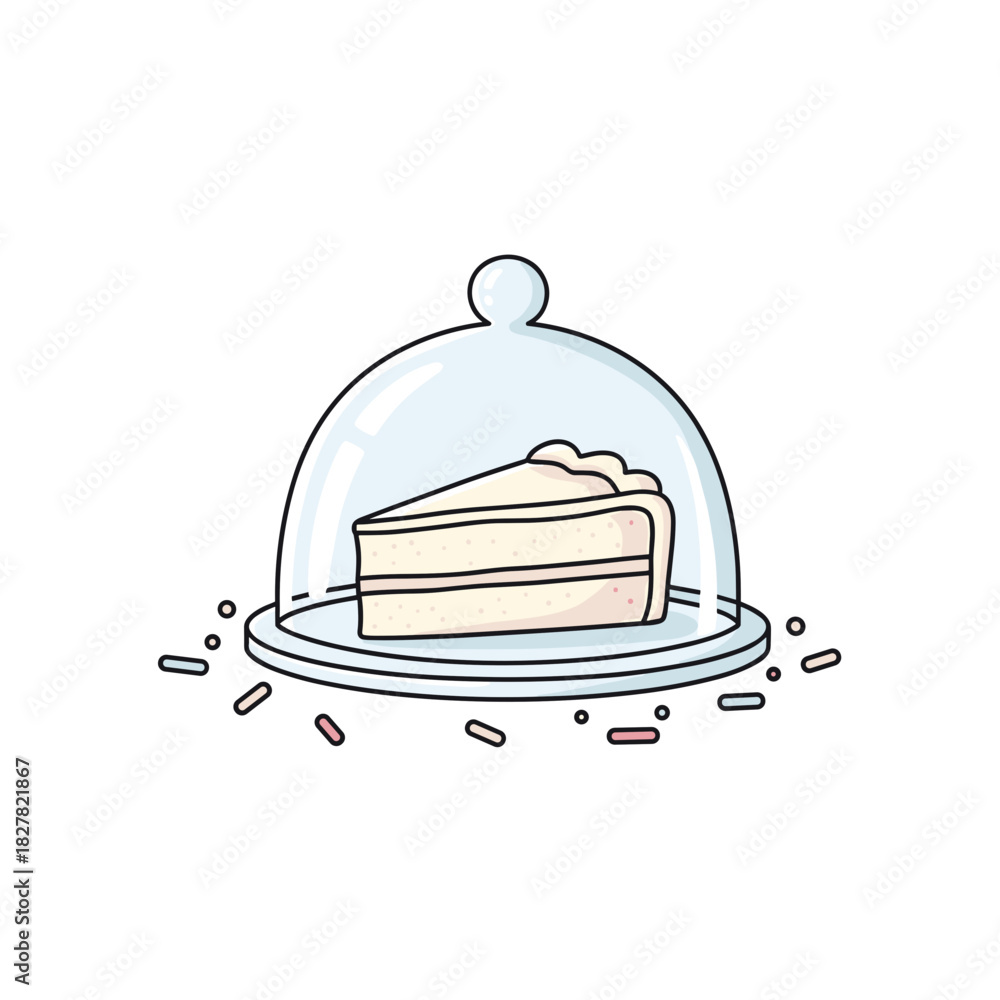 Fototapeta premium Cake slice under glass dome with colorful sprinkles on plate 