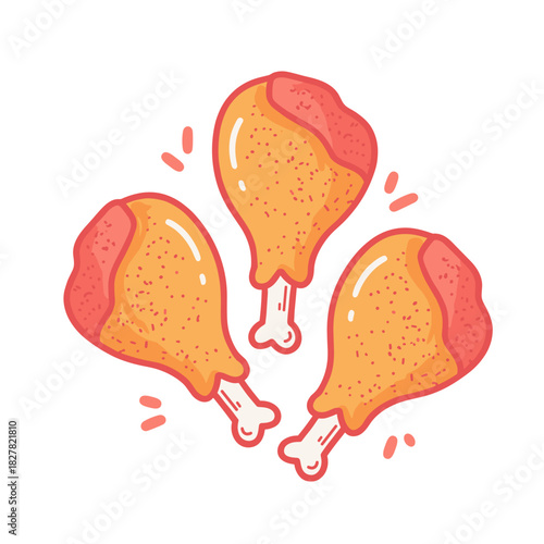 Three cartoon chicken drumsticks with spicy rub on white background  