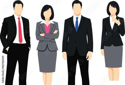 Title: Set of four diverse professional business people standing together, two men and two women wearing formal suits and ties, in vector illustration.