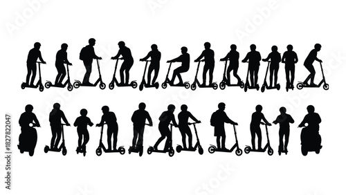 Electric scooter and moped rider silhouettes collection isolated on white background, Vector