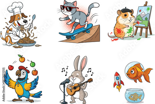 Cartoon Animals Doing Fun Activities – Chef Dog, Skateboarding Cat, Singing Rabbit and More