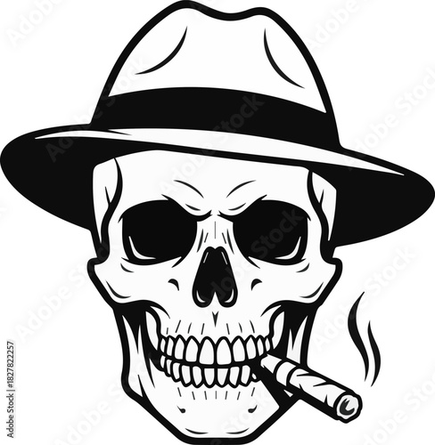 Vector illustration of a grim skull character in a gangster fedora hat smoking a cigar. A monochrome mafia boss head for a logo or emblem design