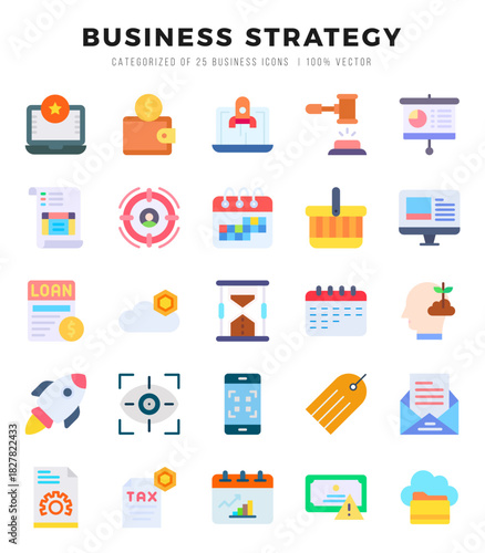 Collection of Business Strategy 25 Flat Icons Pack.
