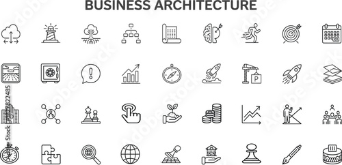 Business Architecture Vector Icons set : Strategy, Integrated View, and Project Execution.Editable stroke. Vector Illustration